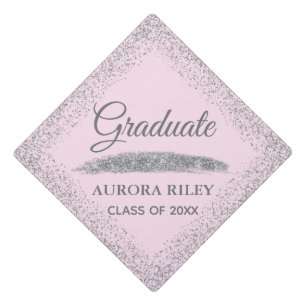 Elegant Gray Silver Glitter Blush Pink Graduation Cap Topper