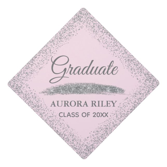 Elegant Gray Silver Glitter Blush Pink Graduation Cap Topper (Front)
