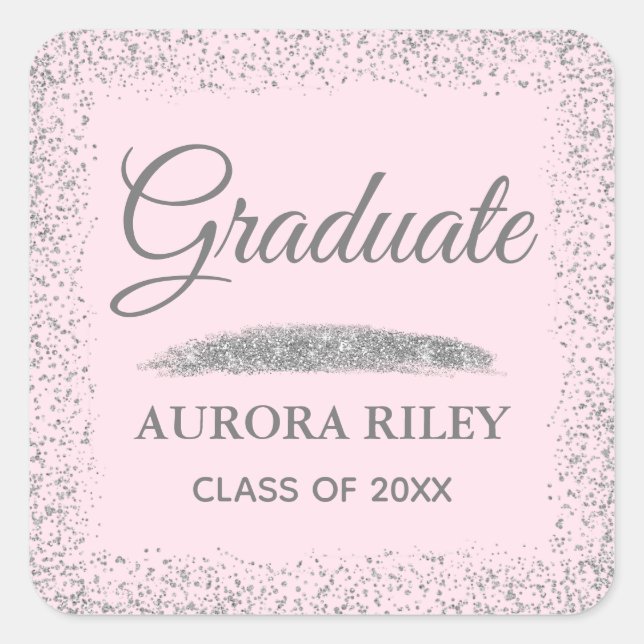 Elegant Gray Silver Glitter Blush Pink Graduation Square Sticker (Front)