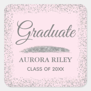 Elegant Gray Silver Glitter Blush Pink Graduation Square Sticker