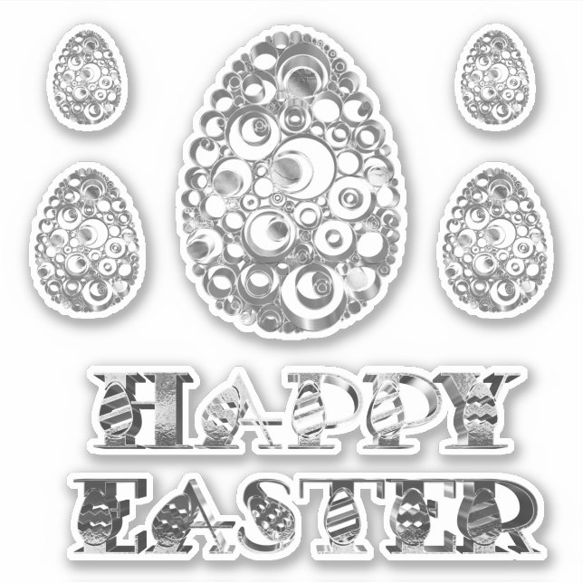 Elegant Gray Silver Look Happy Easter Eggs Sticker (Front)