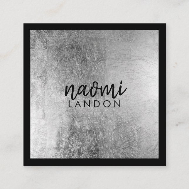 Elegant gray silver modern square minimalist black square business card (Front)