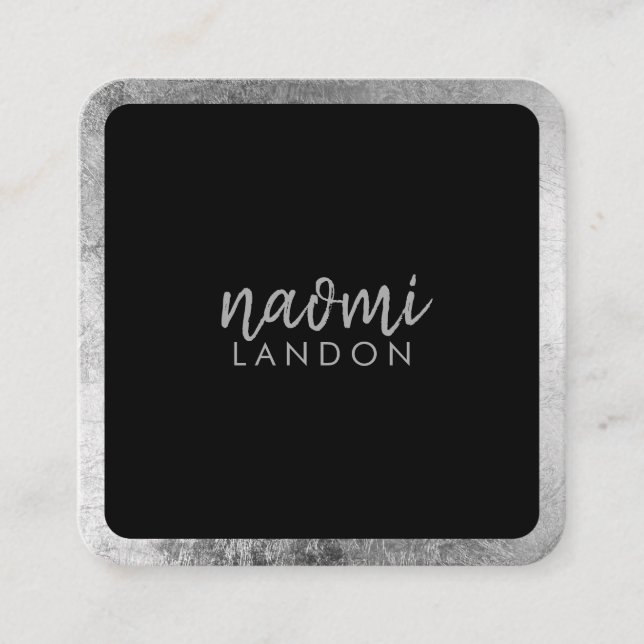 Elegant gray silver modern square minimalist black square business card (Front)