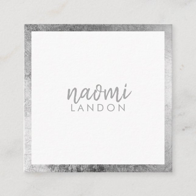 Elegant gray silver modern square minimalist white business card (Front)
