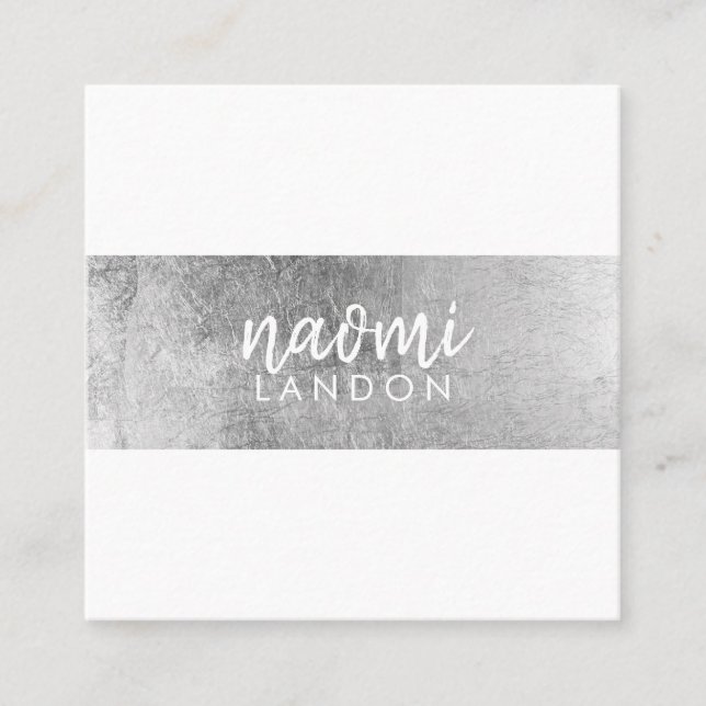 Elegant gray silver modern stripe minimalist white square business card (Front)