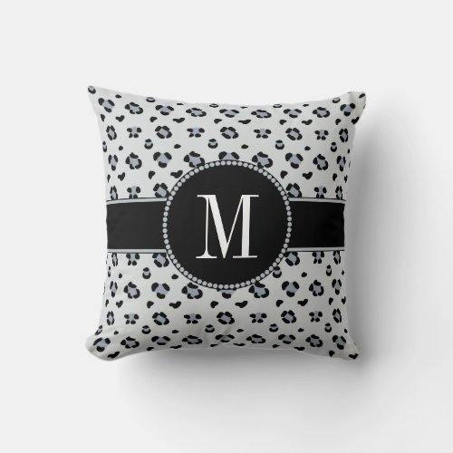 Elegant Gray Snow Leopard Silver Monogram Throw Pillow