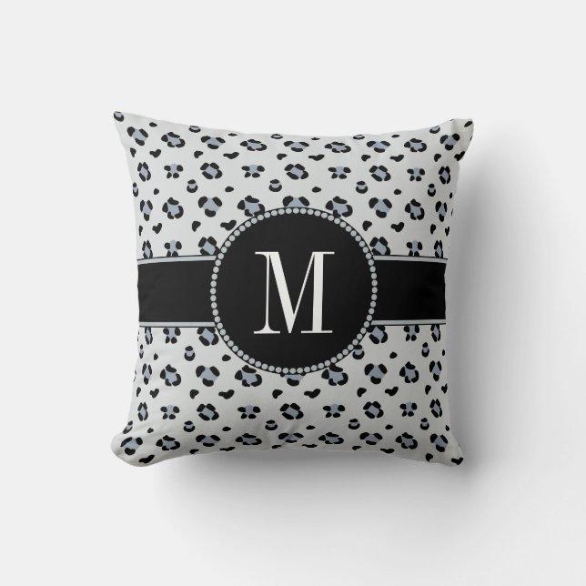 Elegant Gray Snow Leopard Silver Monogram Throw Pillow (Front)