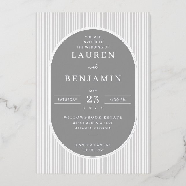 Elegant Gray Striped Wedding Invitation Foil Invitation (Front)