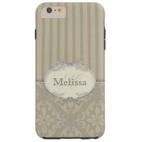 Elegant Gray Stripes and Damask Monogram Tough iPhone 6 Plus Case