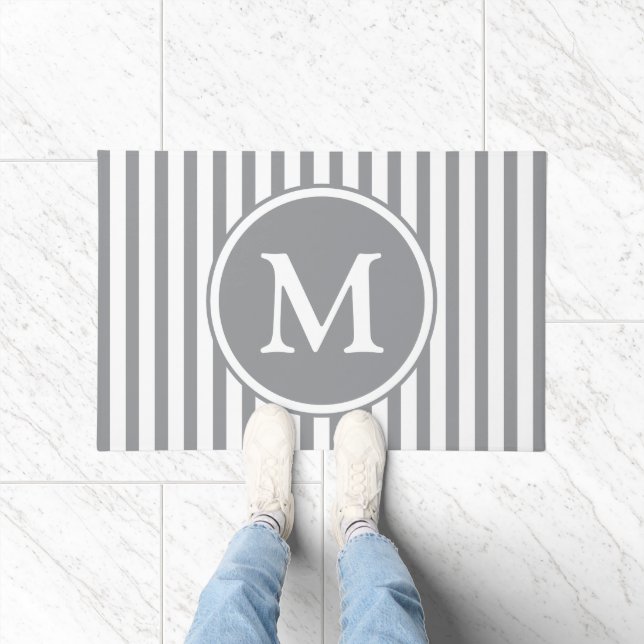 Elegant Gray Stripes Monogram Doormat (Indoor)
