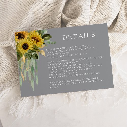Elegant Gray Sunflower Wedding Details Enclosure Card