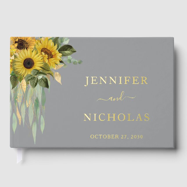 Elegant Gray Sunflower Wedding Gold Foil Foil Guest Book (Front)