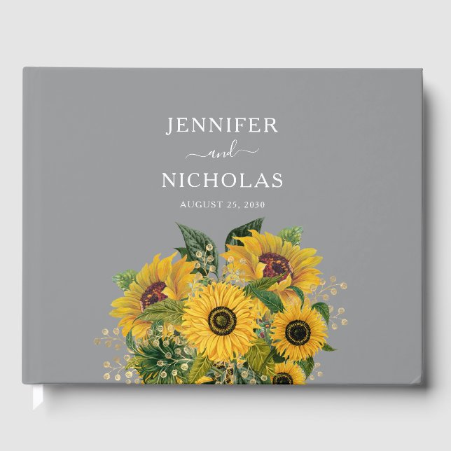 Elegant Gray Sunflowers Wedding Guest Book (Front)