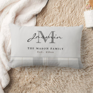 Elegant Gray Tartan Plaid Family Monogram Lumbar Pillow