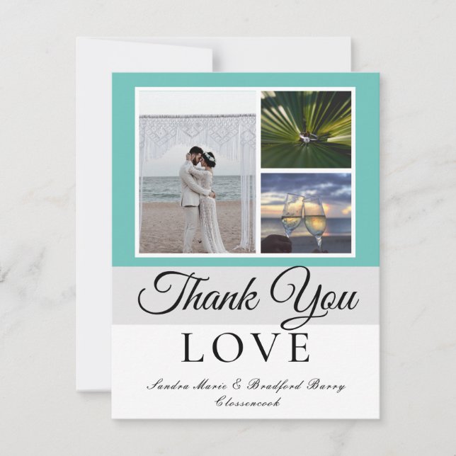 Elegant Gray Teal Script Wedding Photo collage  Thank You Card (Front)