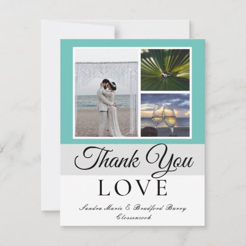 Elegant Gray Teal Script Wedding Photo collage  Thank You Card
