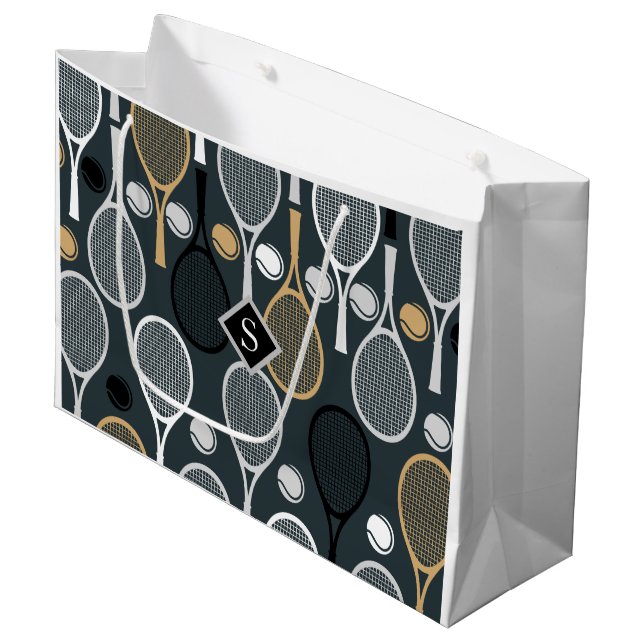 Elegant Gray Tennis Racket Ball Pattern & Initial Large Gift Bag (Front Angled)