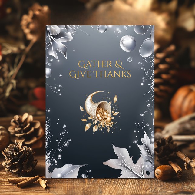 Elegant Gray Thanksgiving with Cornucopia & Silver Invitation (Creator Uploaded)