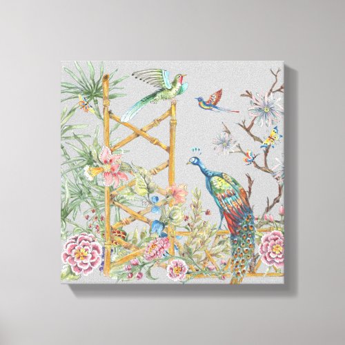 Elegant Gray Tropical Peacock Asian Floral Pretty Canvas Print