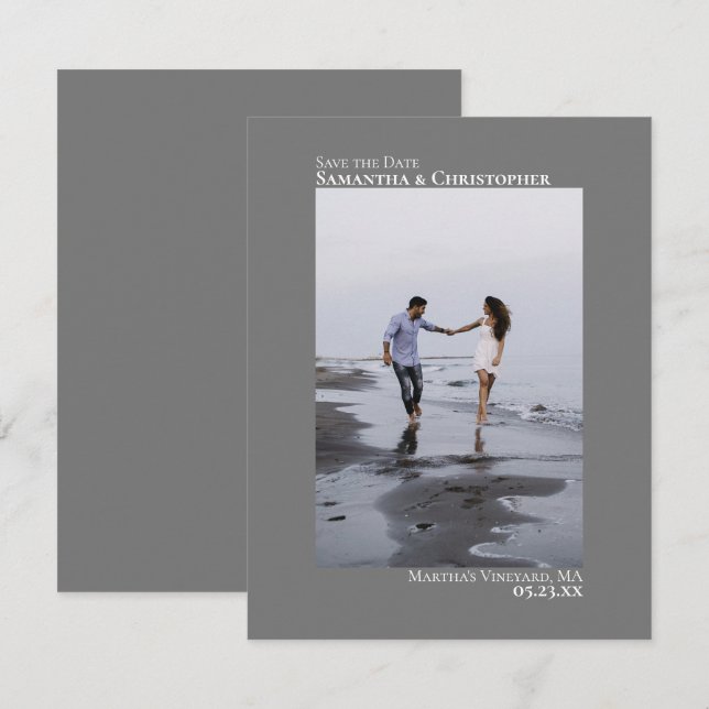 Elegant Gray Vertical Photo Minimalist Wedding Save The Date (Front/Back)