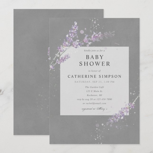 Elegant gray Watercolor lavender baby shower Invitation (Front/Back)