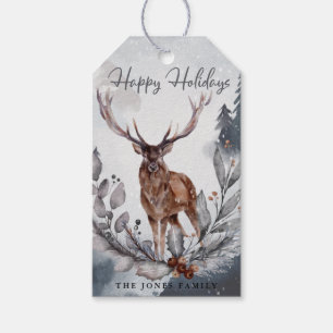 Elegant Gray Watercolor Winter Christmas Deer Gift Tags