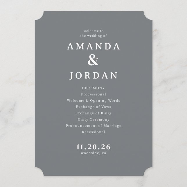 Elegant Gray Wedding Ceremony Schedule Program (Front)