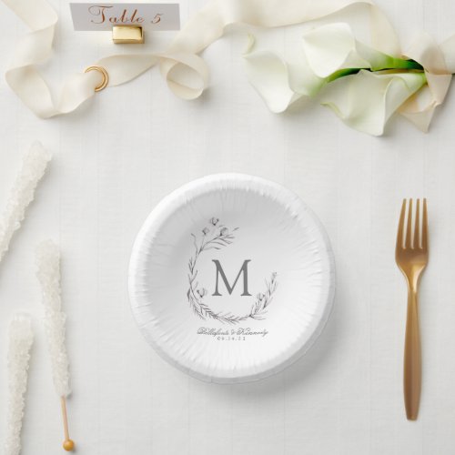 Elegant Gray White Botanical Wreath Wedding Paper Bowls