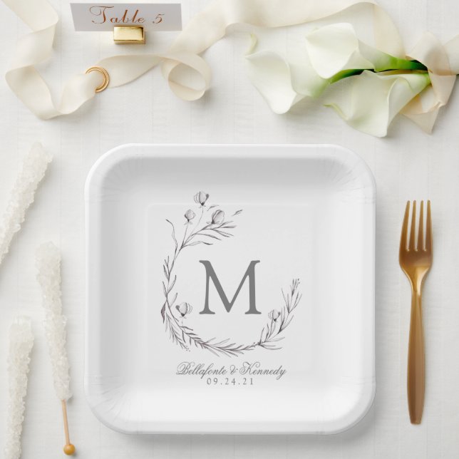 Elegant Gray White Botanical Wreath Wedding Paper Plates (Wedding)