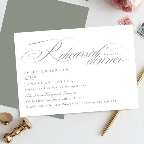 Elegant Gray White Calligraphy Rehearsal Dinner Enclosure Card