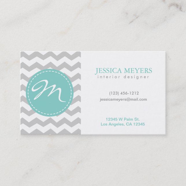 Elegant gray & white Chevron with Monogram Business Card (Front)