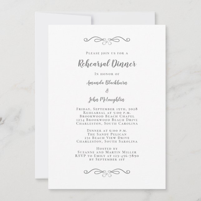 Elegant Gray & White Chic Wedding Rehearsal Dinner Invitation (Front)