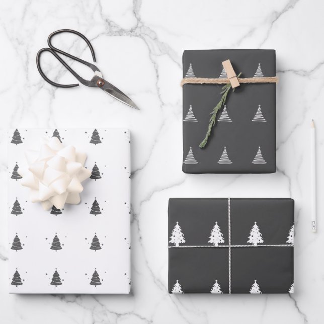Elegant Gray White Christmas Tree Pattern Gift Wrapping Paper Sheets (Front)