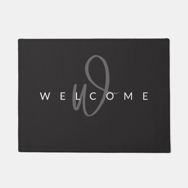 Elegant Gray White Custom Monogram Script Name Doormat (Front)
