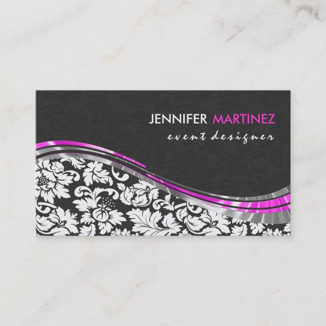 Elegant Gray & White Damasks With Pink Accents Bus Business Card (Front)