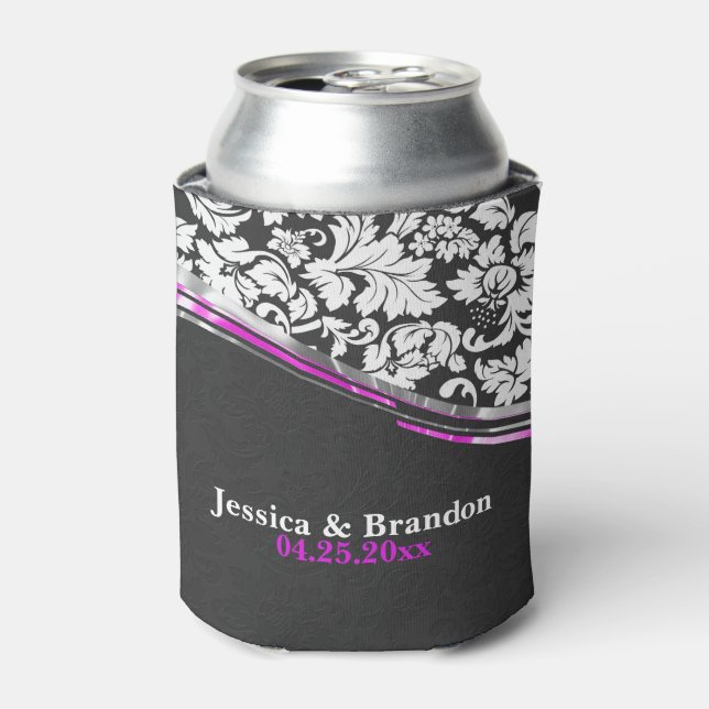 Elegant Gray & White Damasks With Pink Accents Can Cooler (Can Front)