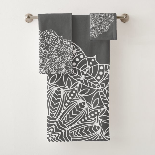 Elegant Gray & White Floral Mandala Outlines Bath Towel Set (Insitu)