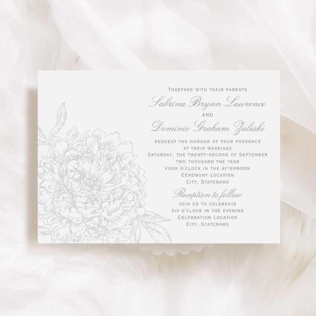 Elegant Gray White Floral Peony Wedding Invitation (Creator Uploaded)