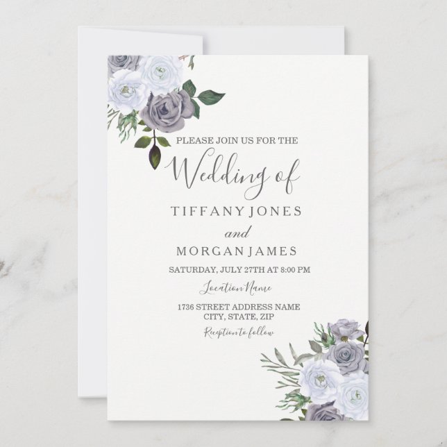 Elegant Gray White Floral Rose Wedding Invitation (Front)
