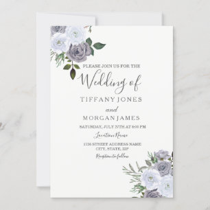 Elegant Gray White Floral Rose Wedding Invitation