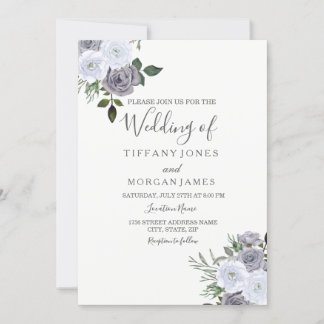 Elegant Gray White Floral Rose Wedding Invitation