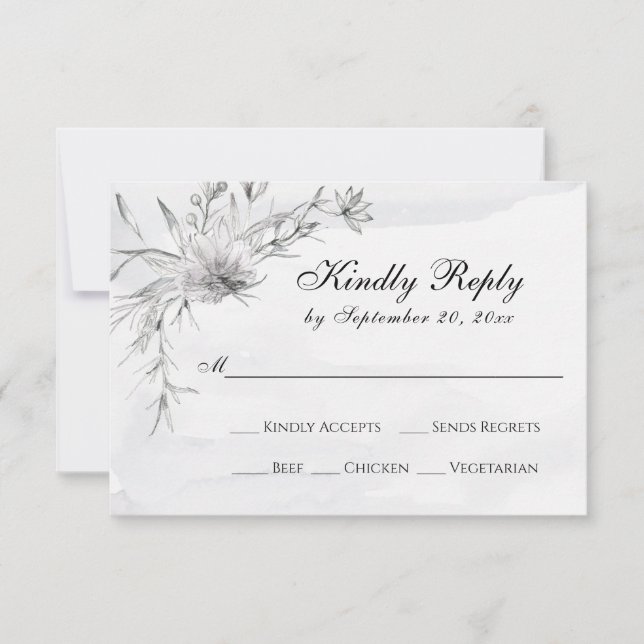 Elegant Gray White Floral Watercolor Wedding RSVP  (Front)