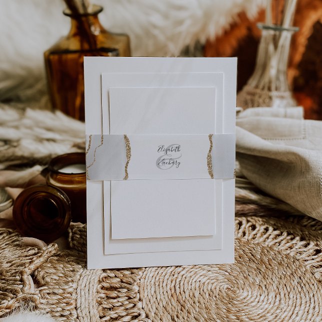 Elegant Gray White Gold Agate Wedding Invitation Belly Band (Creator Uploaded)