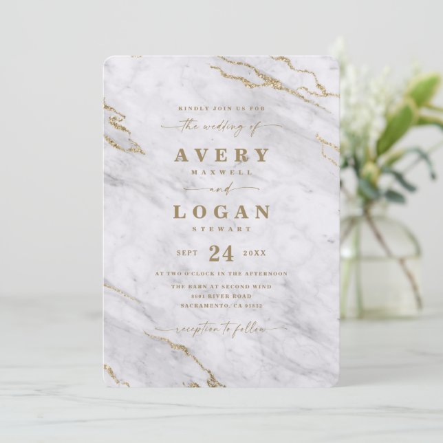 Elegant Gray White & Gold Metallic Marble Wedding Invitation (Standing Front)