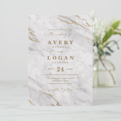 Elegant Gray White  Gold Metallic Marble Wedding Invitation