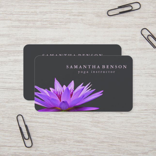Elegant Gray & white Lotus Flower Logo Yoga Business Card (Front/Back In Situ)