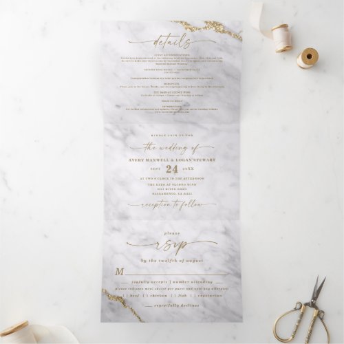 Elegant Gray  White Marble with Gold Foil Wedding Tri_Fold Invitation