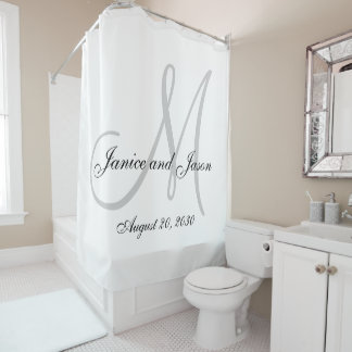 Elegant Gray White Monogram Names Wedding Shower Curtain