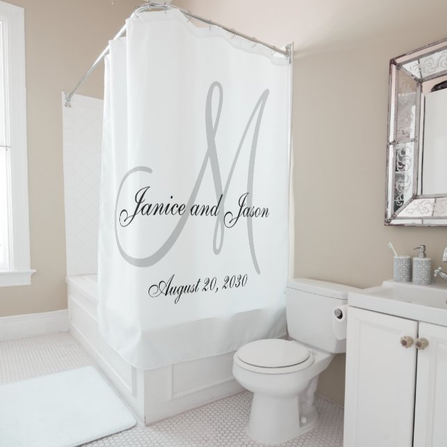 Elegant Gray White Monogram Names Wedding Shower Curtain (In Situ)