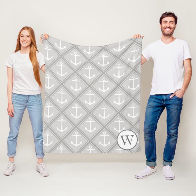Elegant Gray & White Nautical Anchors | Monogram Fleece Blanket (In Situ)